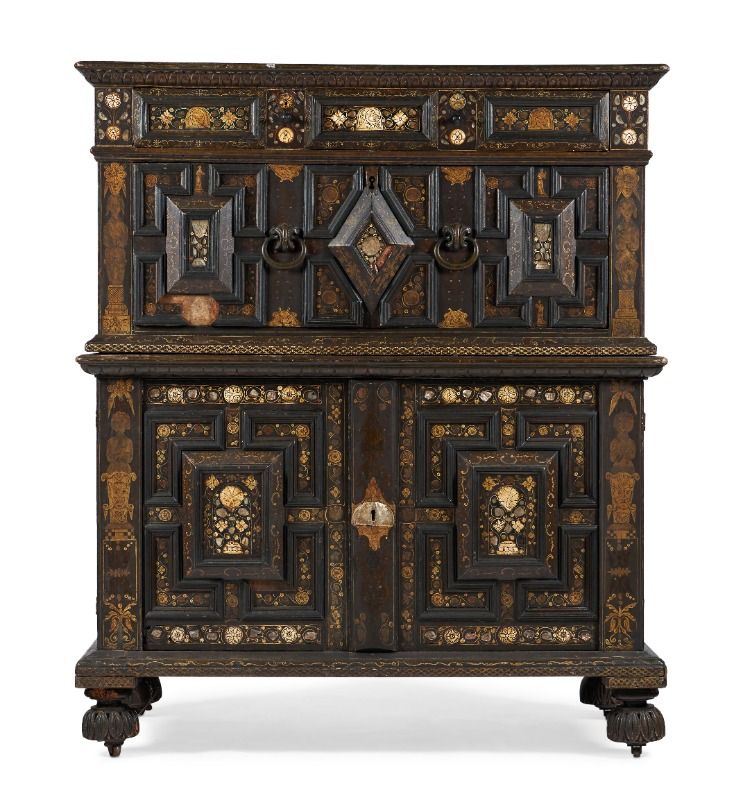 Lot 264: A Charles II painted oak, mother of pearl and bone inlaid enclosed chest of drawers