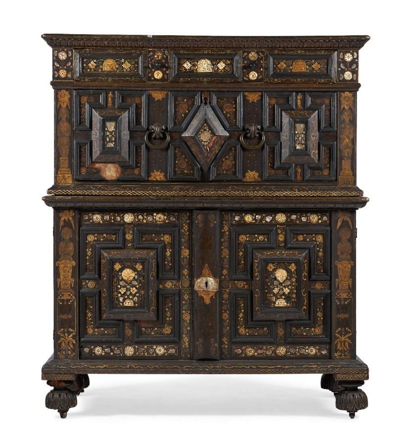 Inline Image - Lot 264: A Charles II painted oak, mother of pearl and bone inlaid enclosed chest of drawers