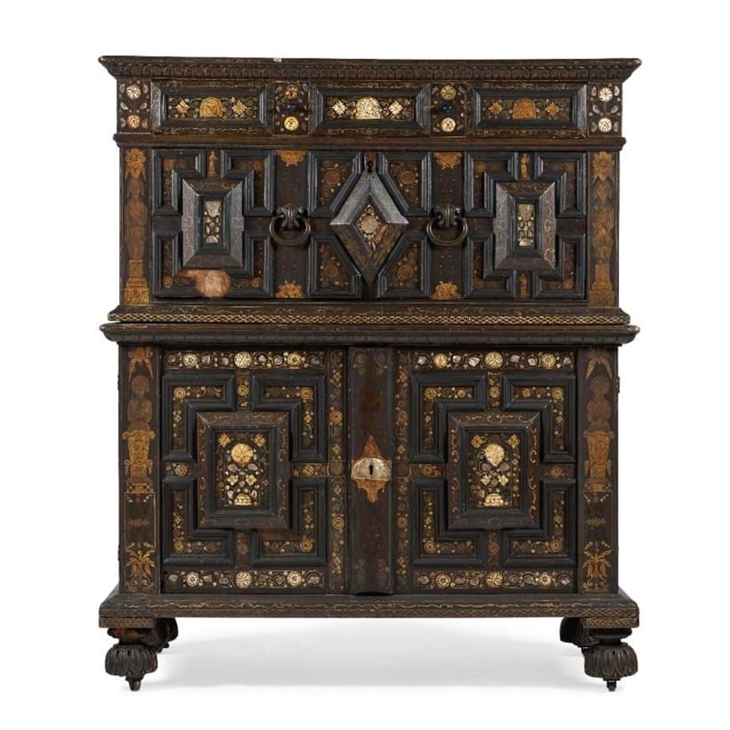 Inline Image - A Charles II painted oak, mother of pearl and bone inlaid enclosed chest of drawers