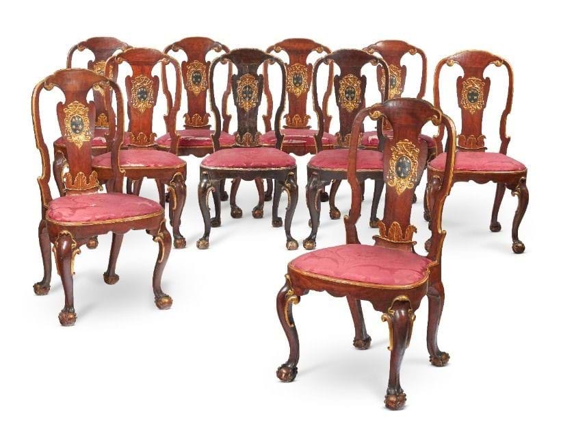 Inline Image - A set of eight George II walnut and parcel gilt dining chairs, circa 1730, possibly from Palazzo Altieri