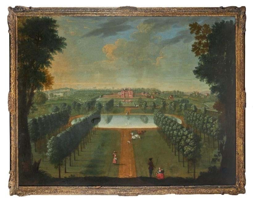 Inline Image - English School (circa 1740), View of a house with projecting angle pavilions, in a park with an oval pool, figures in the foreground