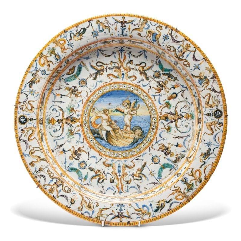 Lot 128: A Maiolica Charger, late 16th / early 17th century, Italian Urbino or French, Nevers, from the Messel collection 