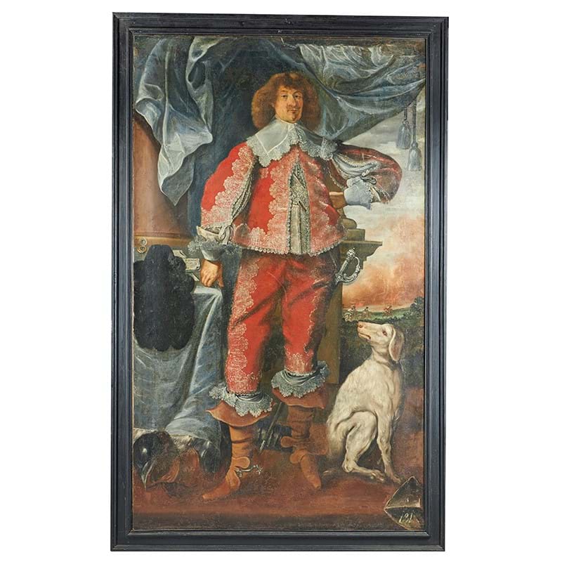 Lot 350: English School (17th century), 'Portrait of a Cavalier, full length, dressed in red with a white dog', oil on canvas