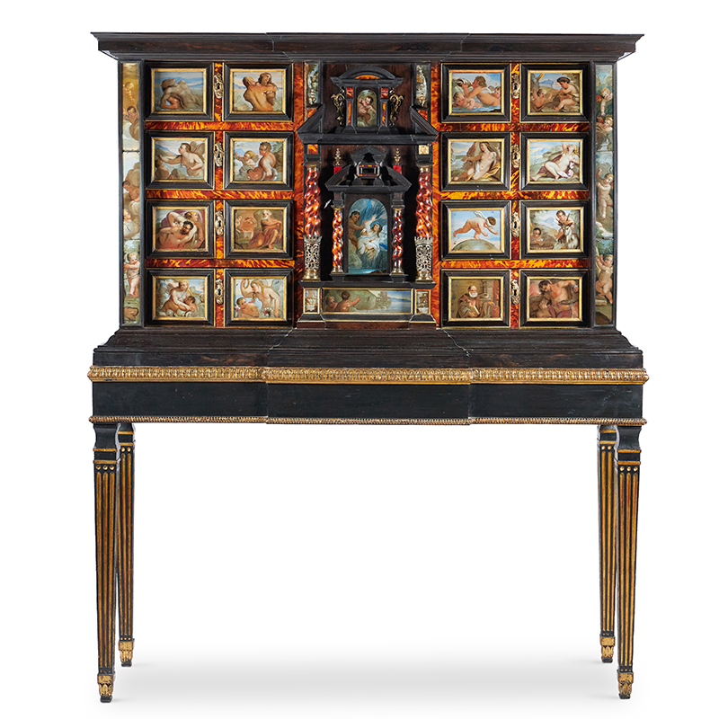 Lot 401: A South Italian verre églomisé, tortoiseshell, rosewood, ebonised and ebony cabinet