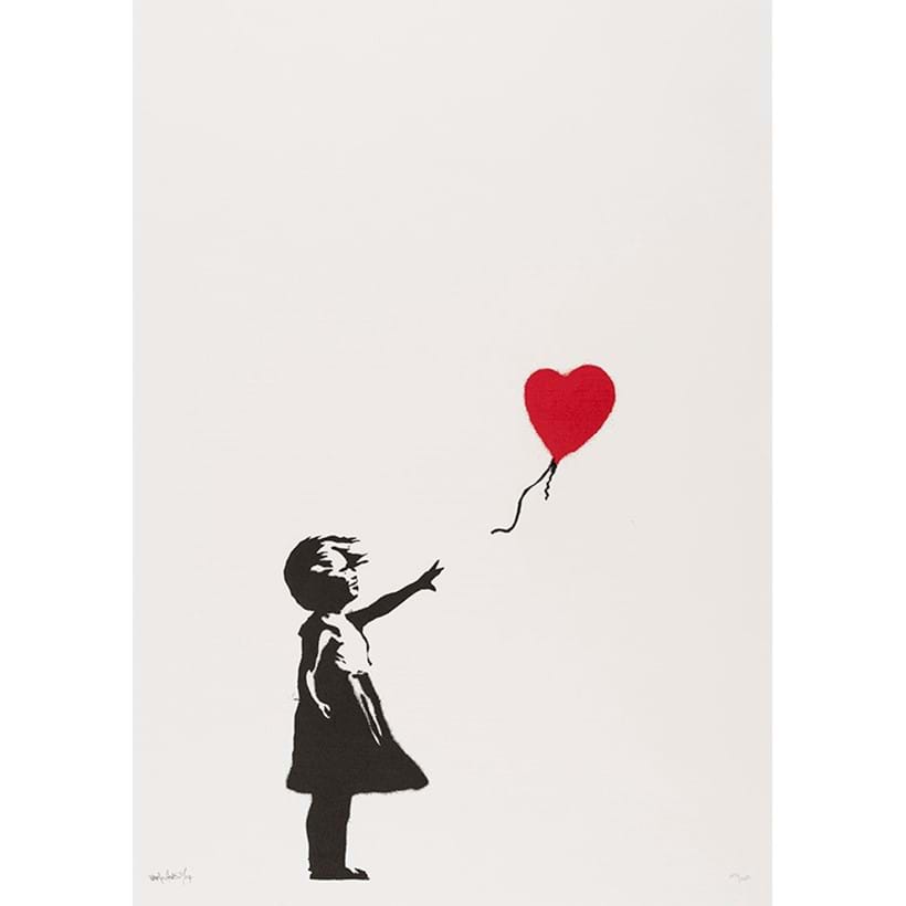 Inline Image - Banksy (b. 1975), 'Girl With Balloon', screenprint in black and red, 2004, numbered and signed from the edition of 150. Sold by private treaty in 2020 for £460,000, this signed impression of Banksy’s most sought after print commanded one of the highest prices ever paid for a 21st century editioned work