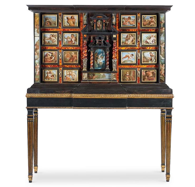 Inline Image - A South Italian verre eglomise, tortoiseshell, rosewood, ebonised and ebony cabinet, Naples, late 17th century, circle of Luca Giordan, possibly by Domenico Coscia