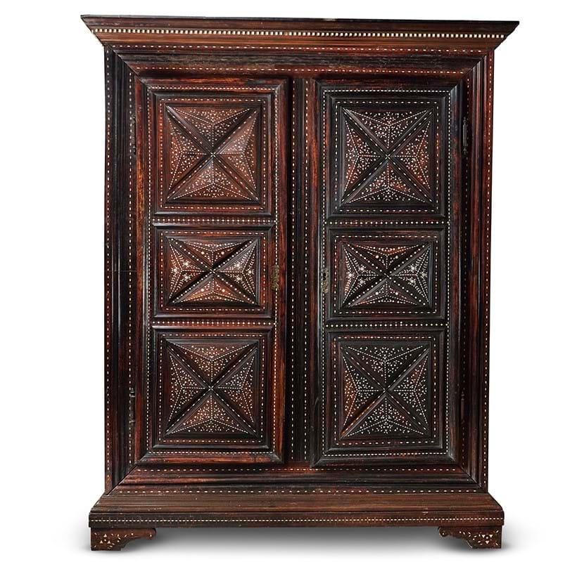 Inline Image - A North Italian walnut, ebonised and 'certazina' bone inlaid amoire, possibly Tyrolean, late 18th/early 19th century | Formerly The Earls of Ducie at Tortworth Court