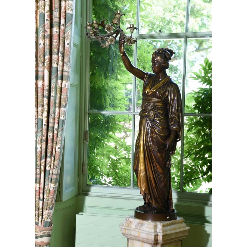 Inline Image - Lot 375: A rare pair of parcel gilt and bronze figural torcheres by Barbedienne and Guillemin, French, circa 1870 | Est. £30,000-50,000 (+ fees)