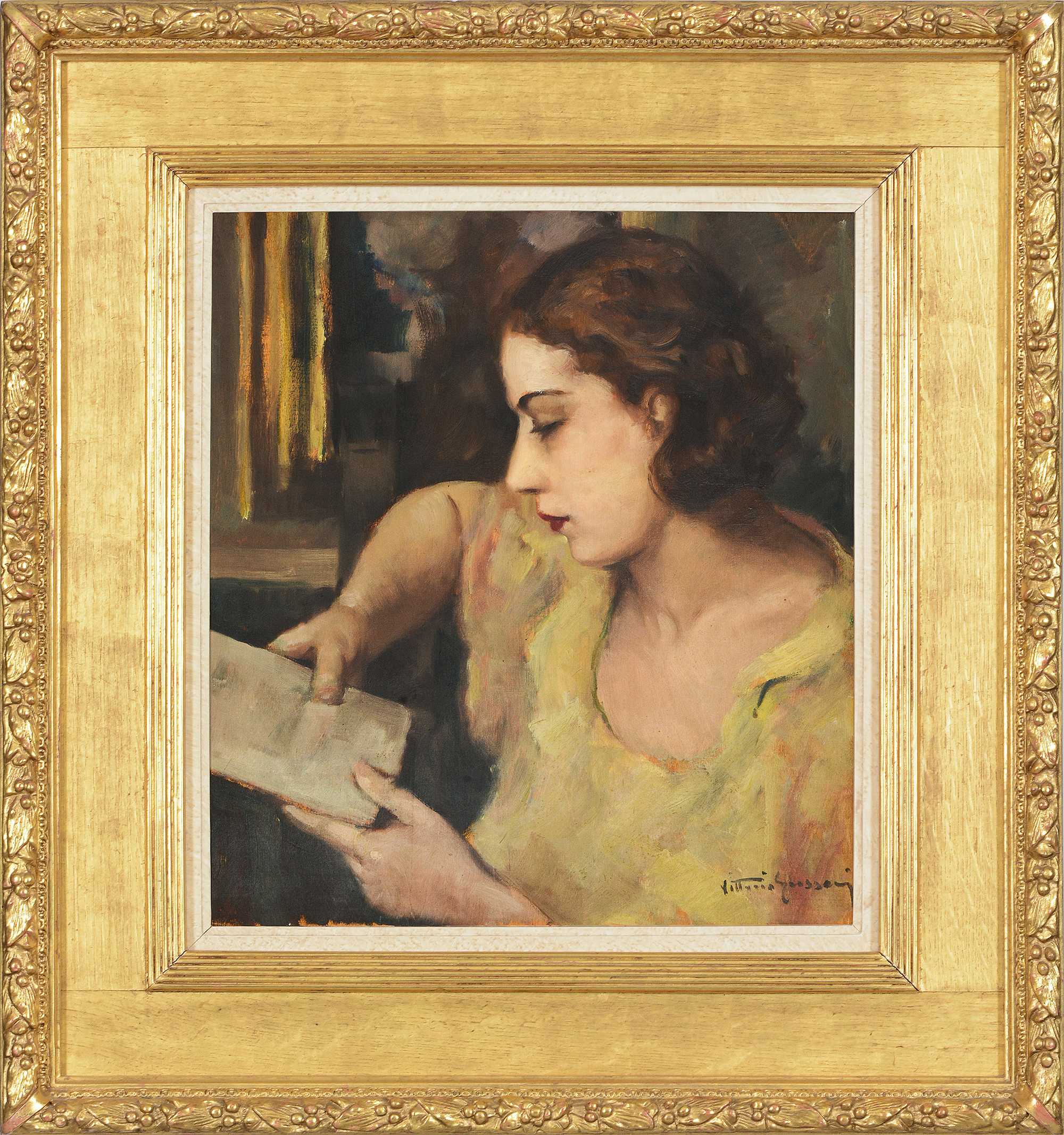 Inline Image - Lot 204: Vittorio Gussoni (1893-1968), La Donna in Lettura, Oil on board | Est. £400-600 (+ fees)