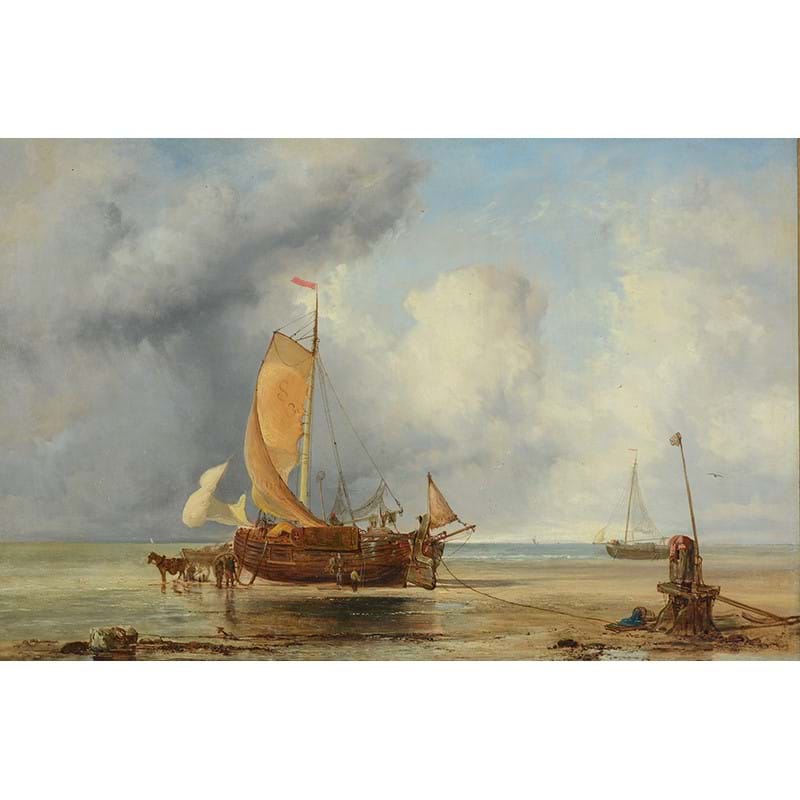 James Webb (British circa 1825-1895), 'Unloading the ship, with donkey and cart in the shallows'