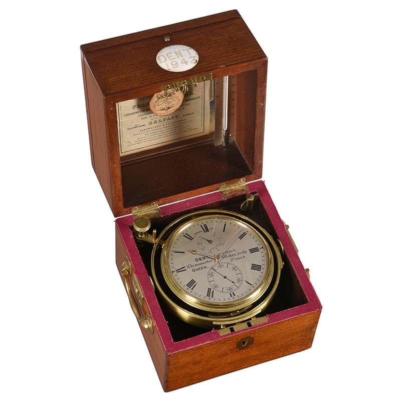 A Victorian mahogany cased two-day marine chronometer with thermometer, Dent, London, circa 1845