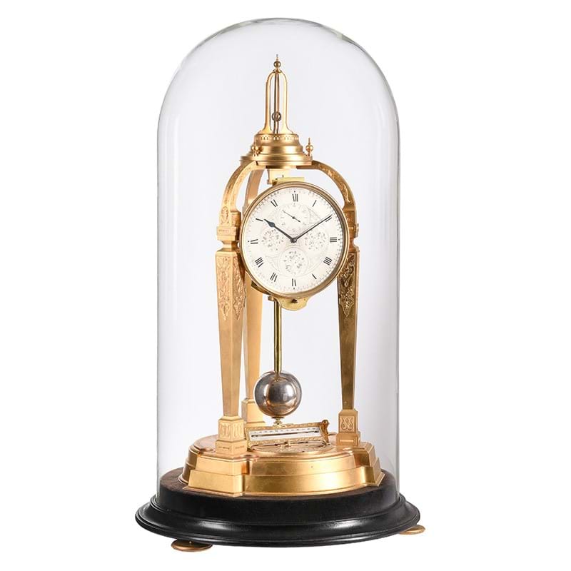 A fine engraved gilt brass tripod table regulator with barometer and thermometer, attributed to Thomas Cole for retail by C.F. Hancock, London, mid 19th century