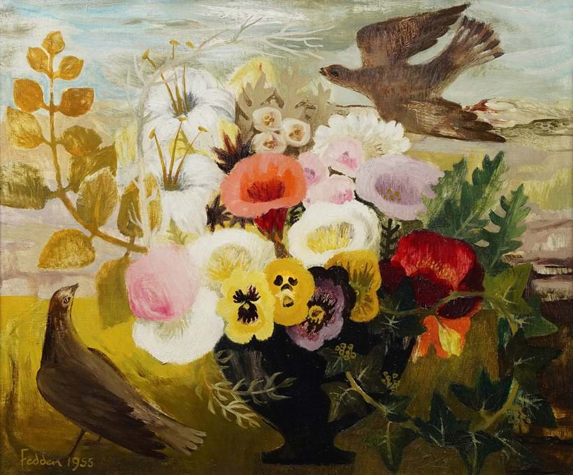 Inline Image - Mary Fedden (British 1915-2012), 'Still life of flowers in a black urn with birds in an autumnal landscape', Oil on canvas | Est. £10,000-15,000 (+ fees)