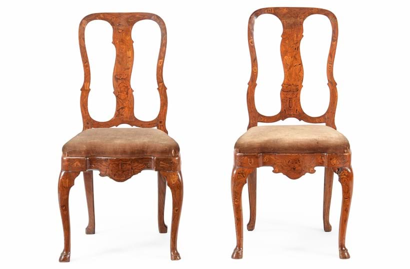 Inline Image - Lot 204: Two similar Dutch walnut and marquetry side chairs, early 19th century | Est. £300-500 (+ fees)