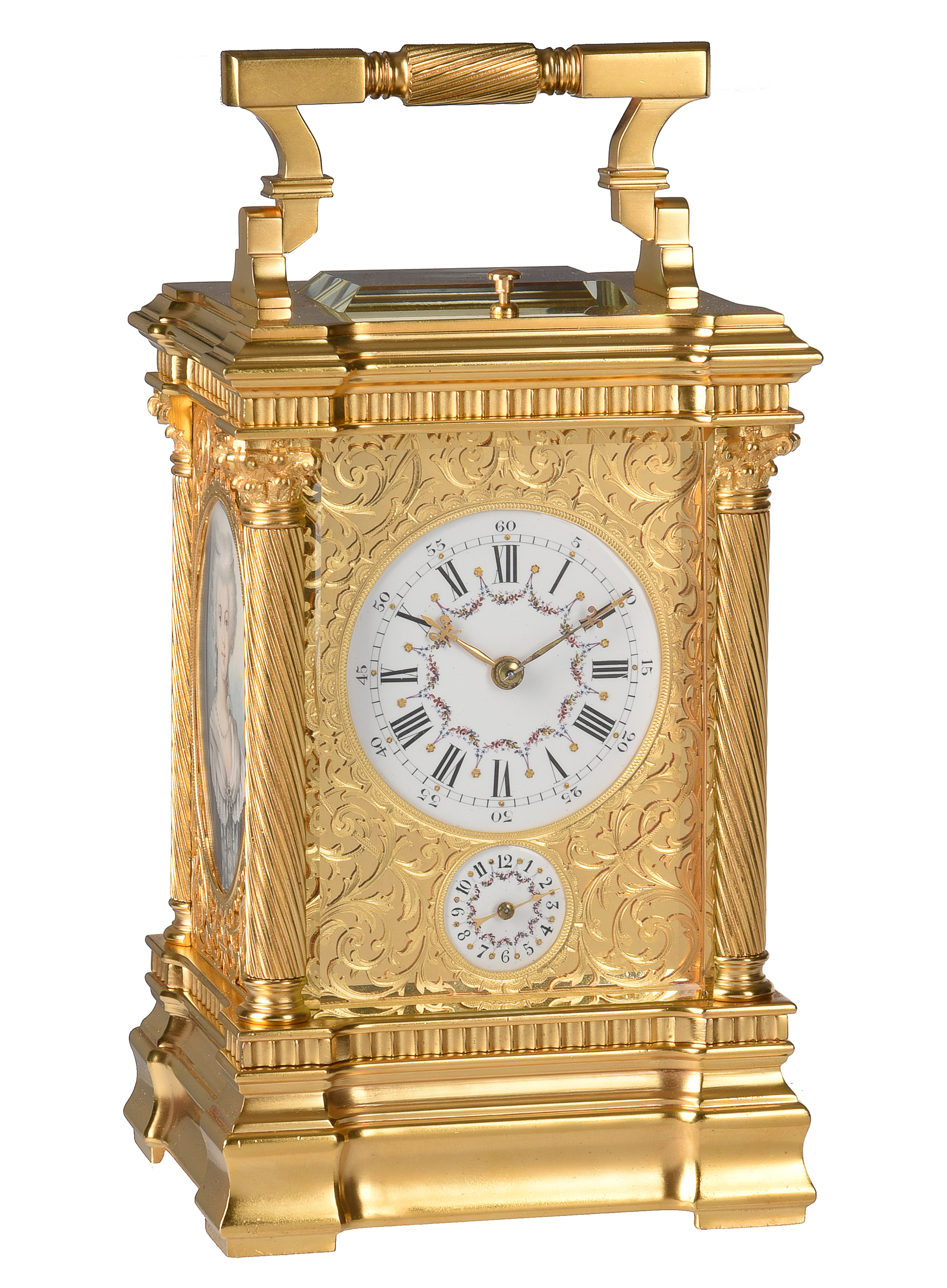 Inline Image - Lot 104: Y A fine French gilt fretwork and portrait miniature inset grande-sonnerie alarm carriage clock, unsigned, Paris, circa 1900 | Est. £3,000-4,000 (+ fees)