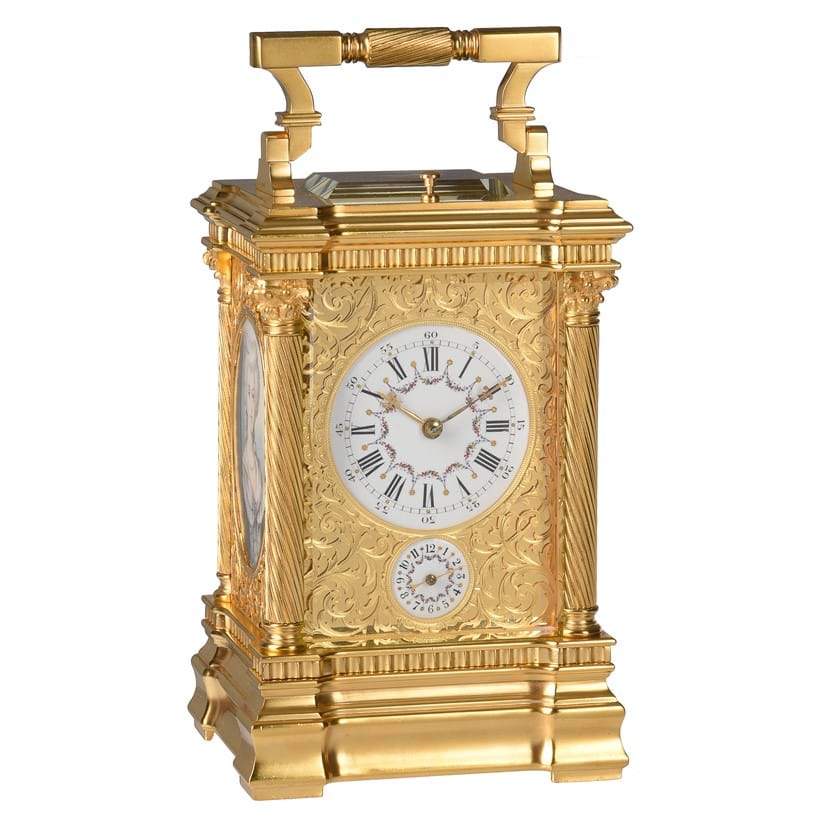 Inline Image - Lot 104: Y A fine French gilt fretwork and portrait miniature inset grande-sonnerie alarm carriage clock, unsigned, Paris, circa 1900 | Est. £3,000-4,000 (+ fees)
