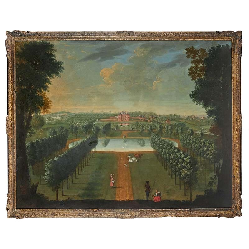Anglo-Dutch School (circa 1740) , 'View of a house with projecting pavilions, in a park with an oval pool, figures in the foreground', Oil on canvas