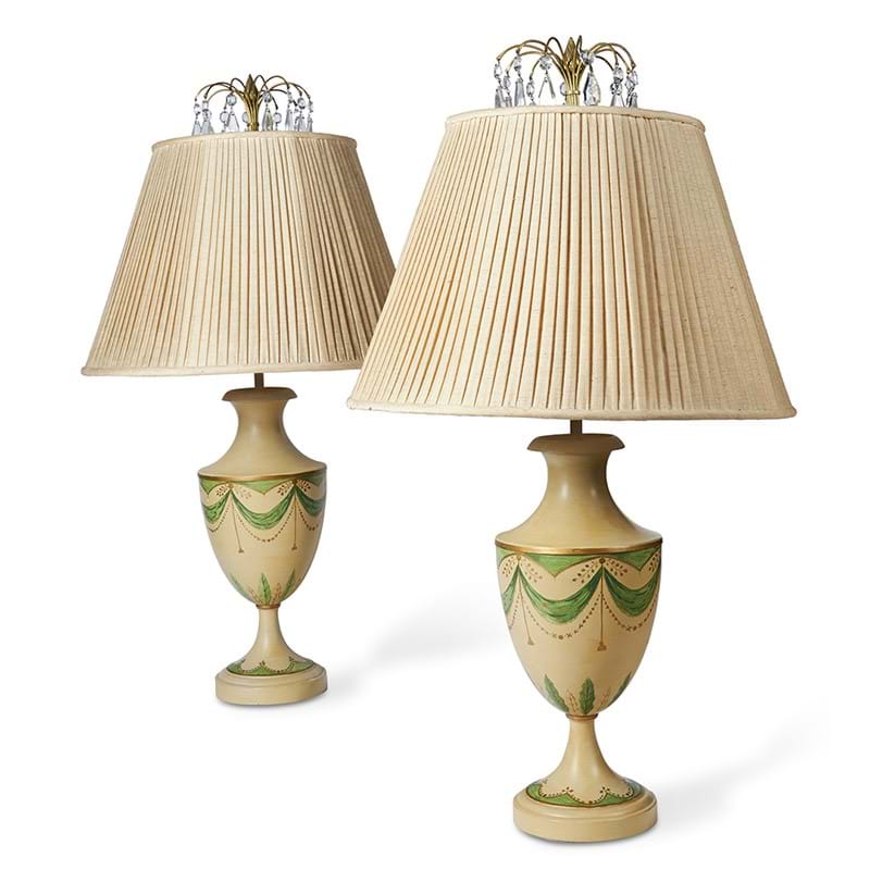 A pair of cream and painted toleware baluster table lamps, 20th century