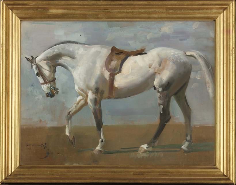 Inline Image - A Grey Horse in Profile; A Study for The 9th Duke of Marlborough and Lord Ivor Spencer-Churchill, c.1923 (oil on panel), Munnings, Alfred (1878-1959), Private Collection | Photo © Christie's Images Bridgeman