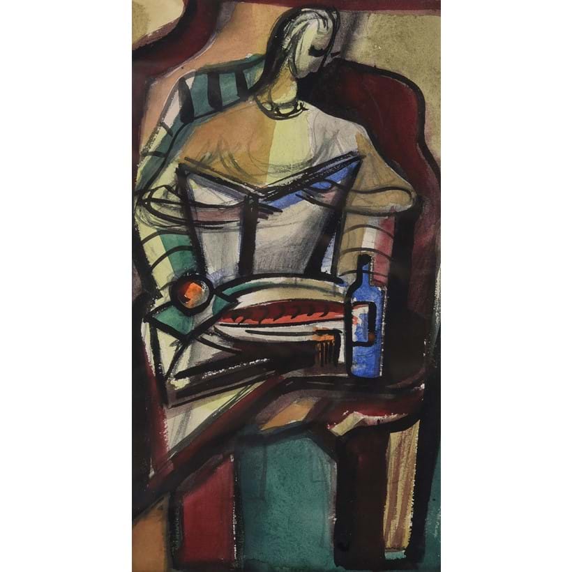 Inline Image - Lot 121: λ Georges Csato (Hungarian 1910-1983), 'Woman Reading', Watercolour and ink | Est. £500-700 (+ fees)