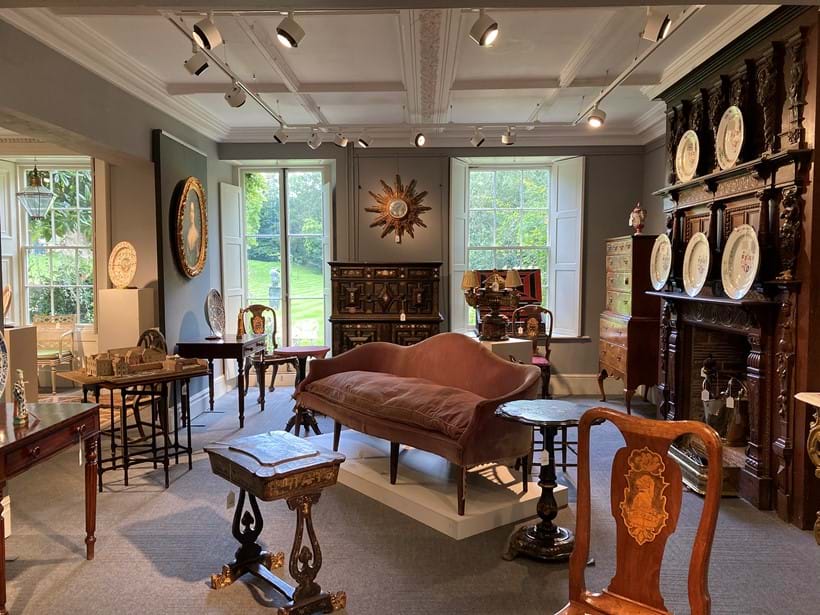 Inline Image - The galleries at Donnington Priory, showcasing items from Flaxley Abbey and Chilham Castle, with lighting supplied by TM Lighting