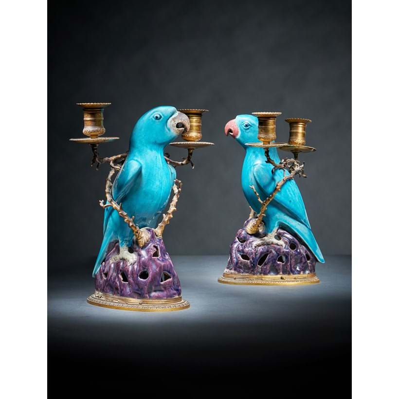 Inline Image - Lot 15: A fine pair of Chinese gilt-metal mounted biscuit porcelain parrot candelabra, the porcelain Kangxi (1662-1722) | Est. £4,000-6,000 (+ fees)