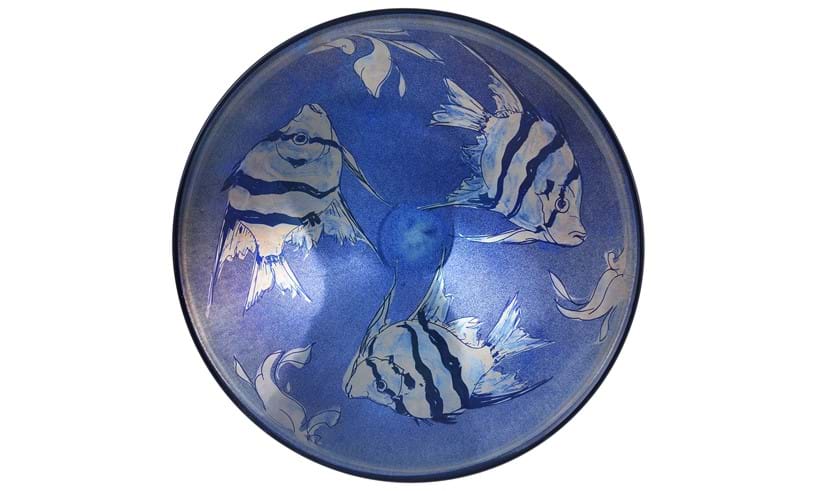 Inline Image - Lot 114: Jonathan Chiswell Jones for JCJ pottery, a reduction fired lustre porcelain conical bowl, fired June 2022, decorated with a trio of angelfish | Est. £120-180 (+ fees)