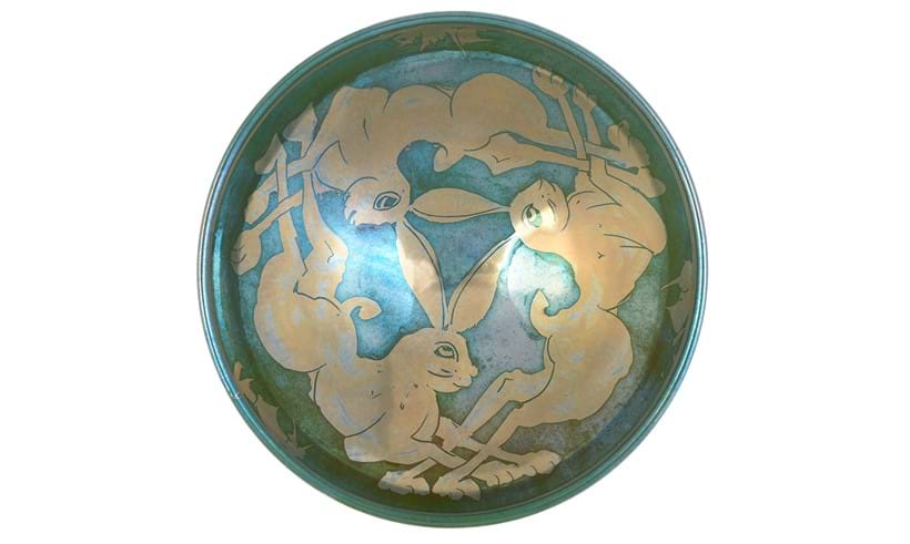 Inline Image - Lot 115: Jonathan Chiswell Jones for JCJ Pottery, a reduction fired lustre porcelain bowl, fired June 2022, decorated with a trio of running hares | Est. £100-150 (+ fees)