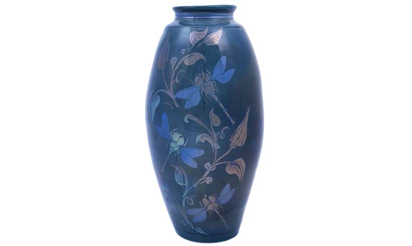 Inline Image - Lot 108: Jonathan Chiswell Jones for JCJ Pottery, a large reduction fired lustre porcelain vase, fired June 2022, decorated with dragonflies and stylised convolvulus decoration | Est. £180-220 (+ fees)