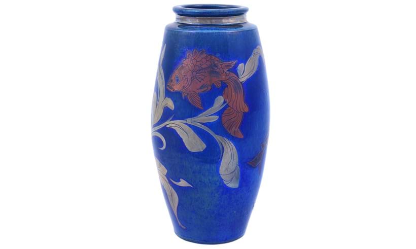 Inline Image - Lot 110: Jonathan Chiswell Jones for JCJ Pottery, a reduction fired lustre porcelain vase, fired June 2022, decorated with fish and water weed | Est. £120-180 (+ fees)