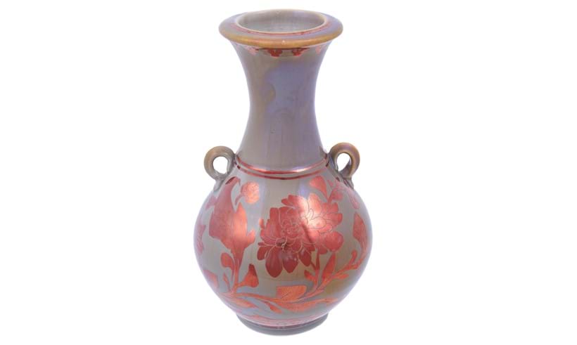 Inline Image - Lot 111: Jonathan Chiswell Jones for JCJ Pottery, a reduction fired lustre porcelain vase, fired June 2022, decorated with chrysanthemum on a coffee au lait ground and applied with two lug handles | Est. £150-250 (+ fees)