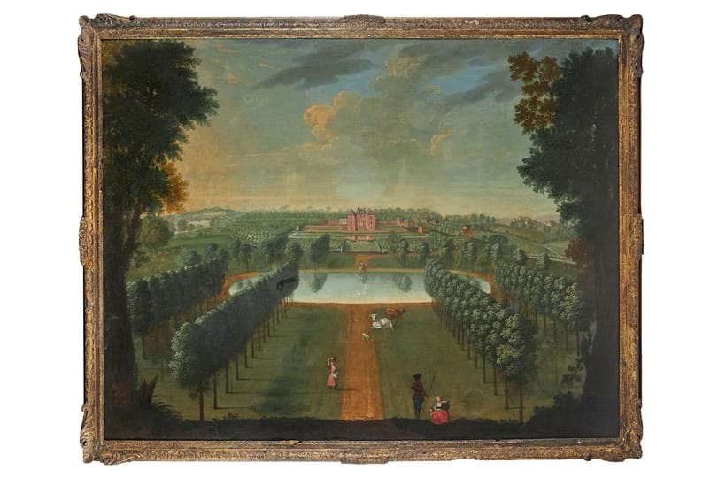 Inline Image - Lot 76: Anglo-Dutch School (circa 1740), 'View of a house with projecting angle pavilions, in a park with an oval pool, figures in the foreground', Oil on canvas | Sold for £37,500
