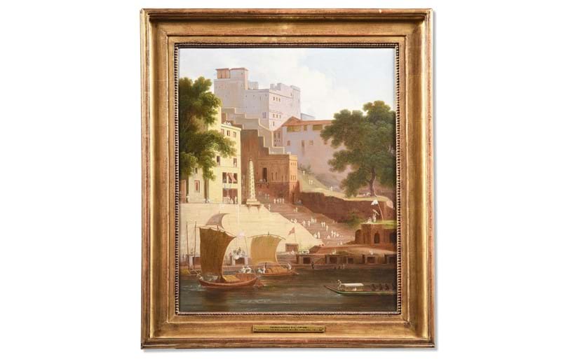 Inline Image - Lot 62: Thomas Daniell (British 1749-1840), 'Panchganga and Durga Ghats, Benares, India, circa 1800', Oil on canvas | Est. £120,000-180,000 (+ fees)