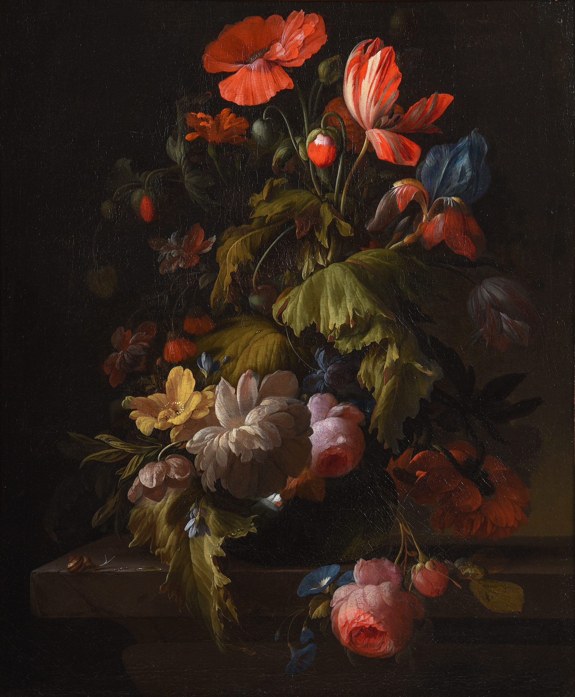 Inline Image - Lot 67: Elias van den Broeck (Dutch 1650-1708), 'A poppy, tulip, chrysanthemum, morning glory, roses and other flowers in a vase, on a stone ledge', Oil on canvas | Est. £25,000-35,000 (+ fees)