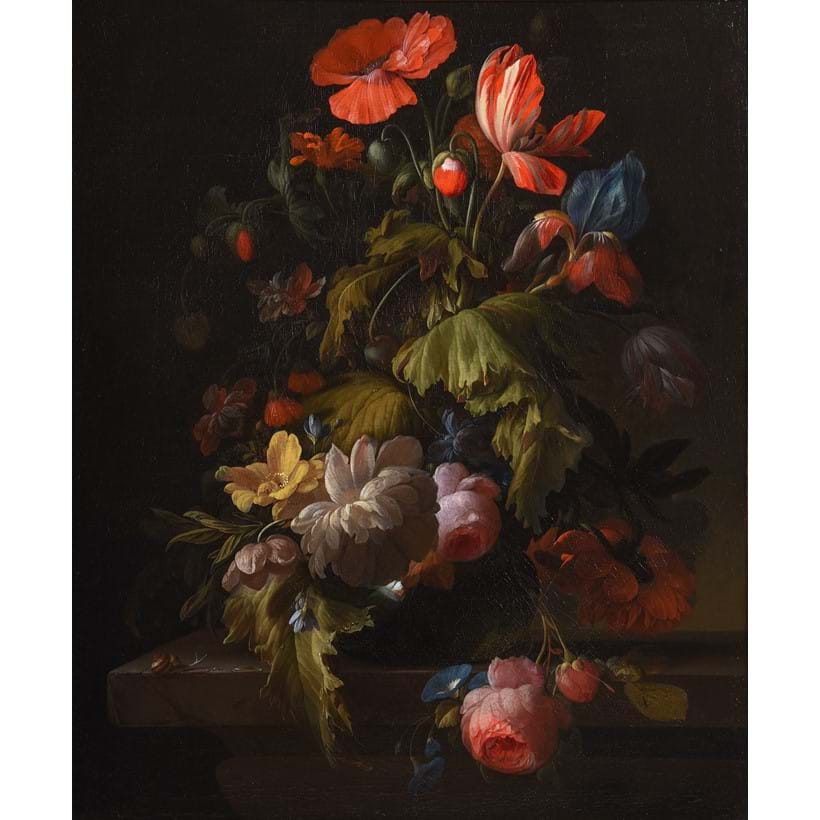 Inline Image - Elias van den Broeck (Dutch 1650-1708), 'A poppy, tulip, chrysanthemum, morning glory, roses and other flowers in a vase, on a stone ledge', Oil on canvas | Est. £25,000-35,000 (+ fees)