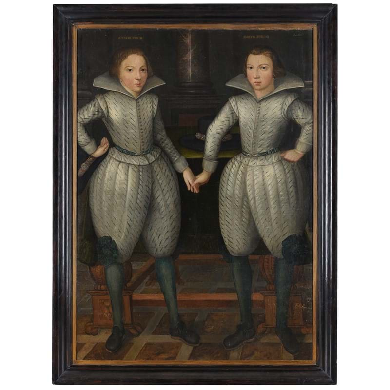 English School (1606), 'Portrait of Thomas Pope, aged 8, and William Pope, aged 10, both full-length, standing, wearing white slashed doublets', oil on canvas 