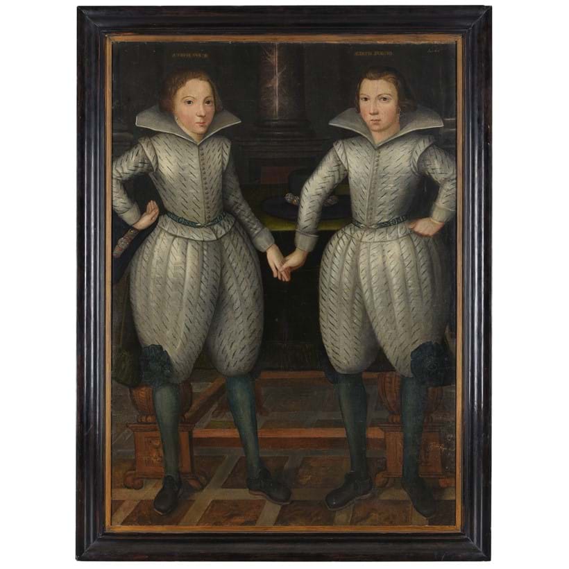 Inline Image - Lot 26: English School (1606), 'Portrait of Thomas Pope, aged 8, and William Pope, aged 10, both full length, standing, wearing white slashed doublets', Oil on canvas | Est. £40,000-60,000 (+ fees)