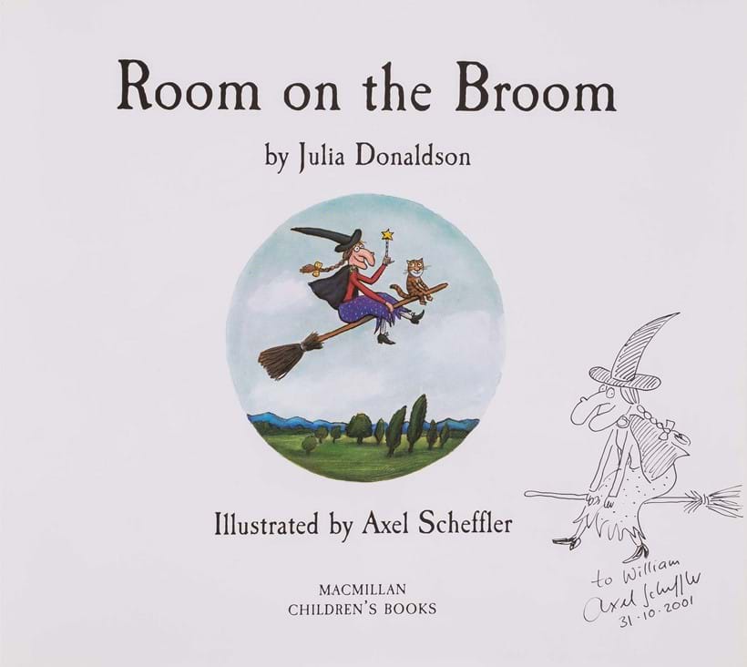 Inline Image - Lot 381: Donaldson (Julia) Room on the Broom, first edition, signed by the author and artist with a doodle of a witch, 2001; and 4 others by the same (5) | Est. £400-600 (+ fees)