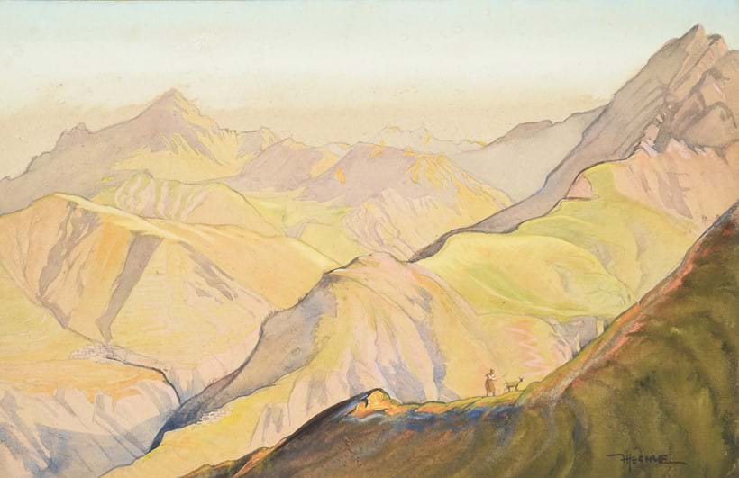 Inline Image - Lot 4: Hilda Marion Hechle (British 1886-1939), 'Slopes above Arolla, Switzerland', Watercolour, pencil and bodycolour | Est. £600-800 (+ fees)