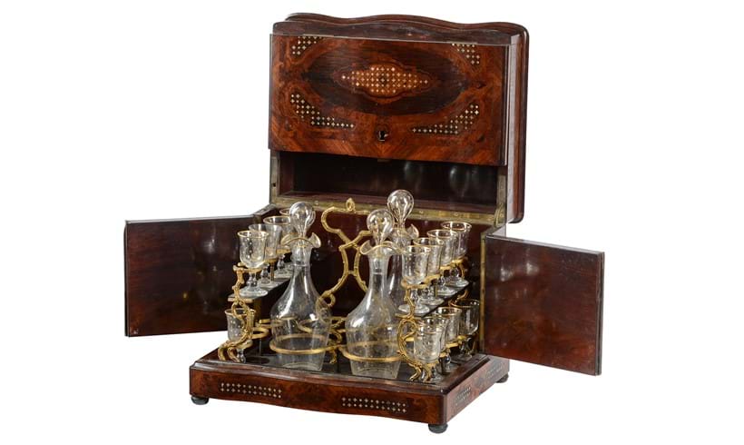 Inline Image - Lot 33: Y A Napoleon III kingwood, rosewood and mother-of-pearl liquor decanter and glass set, circa 1870 | Est. £200-300 (+ fees)