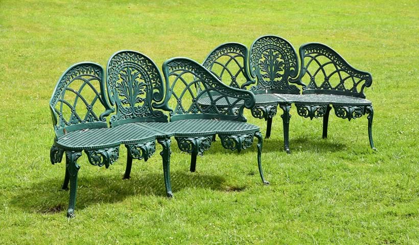 Inline Image - Lot 257: A pair of green painted cast aluminium garden benches, in the manner of Coalbrookdale, modern | Est. £300-500 (+ fees)