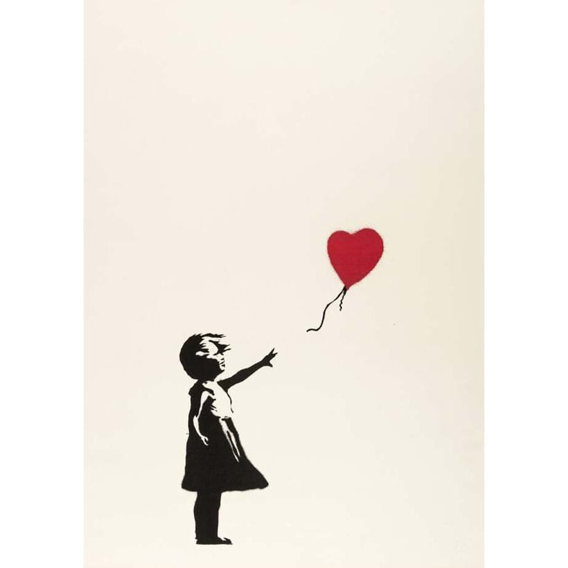 Inline Image - Banksy (b. 1974), 'Girl With Balloon', screenprint in red and black, 2004. One of several impressions of this iconic image sold in 2022, with this example realising £100,000 in July.