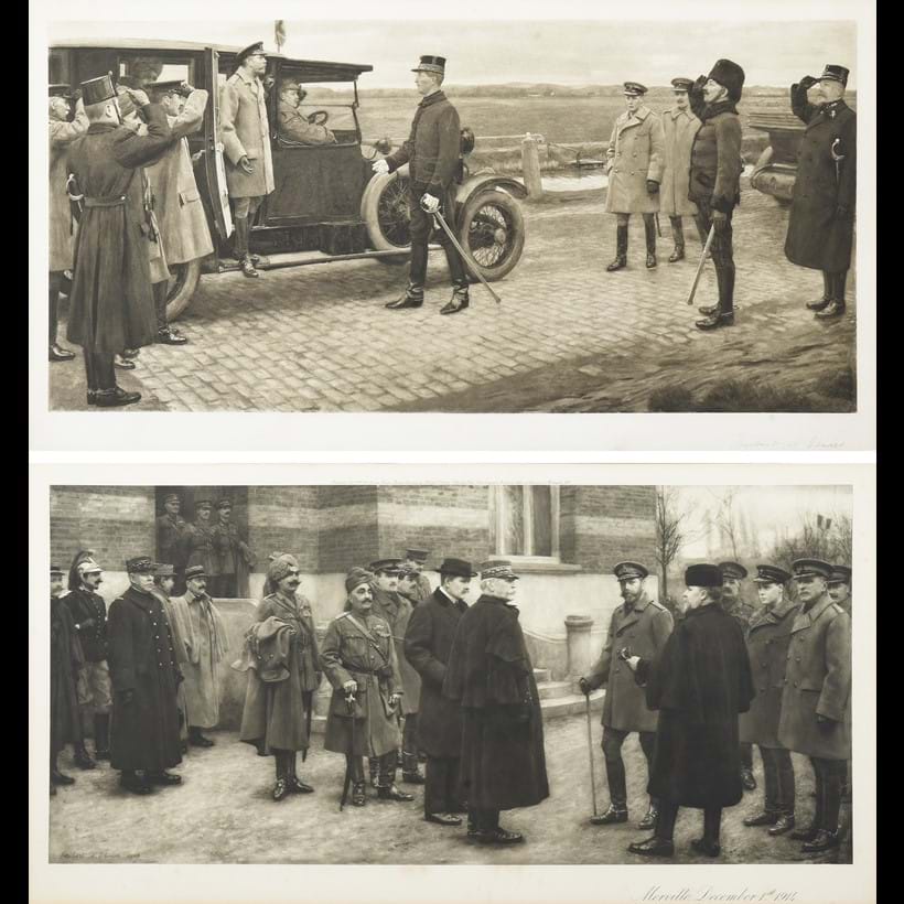 Inline Image - Lot 112: Herbert Arnould Olivier (British 1861-1952), 'George V at the frontier post near Dunkirk; and Merville, December 1st 1914', photogravure | Est. £200-300 (+ fees)