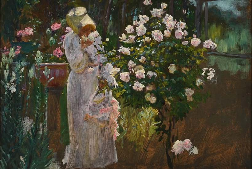 Inline Image - Lot 120: Herbert Arnould Olivier (British 1861-1952), 'The artist's wife in a rose garden', oil on board | Est. £1,500-2,000 (+ fees)