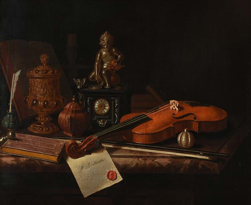 Inline Image - Lot 13: Follower of Pieter Gerritsz van Roestraten, Still life with a violin, a teapot and a clock, oil on canvas | Est £2,000 - 3,000 (+ fees)