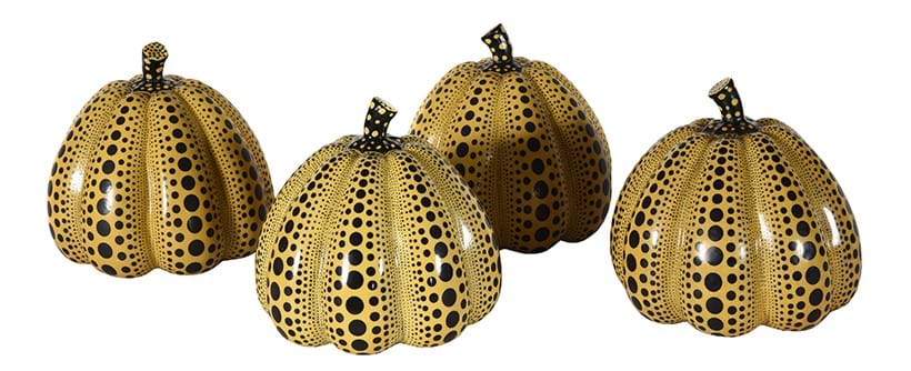 Inline Image - Lot 358: A set of four yellow glass and black enamelled models of pumpkins after Yayoki Kusama, Modern | Est £200-300 (+ fees)