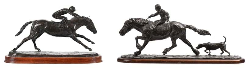 Inline Image - (Left) Lot 109: λ Philip Blacker (b.1949), Horse and Jockey | Est. £2,000-3,000 (+ fees); (Right) Lot 110: λ Philip Blacker (British b.1949), a bronze group of a pony, boy jockey, and hound, 1987 | Est. £800-1,200 (+ fees)