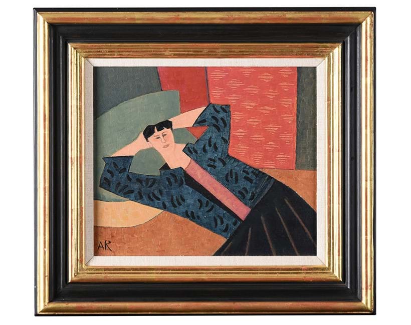 Inline Image - Lot: 163 Anne Rothenstein (British B.1949), 'Woman in turquoise cardigan', oil on board | Est. £300-500 (+ fees)