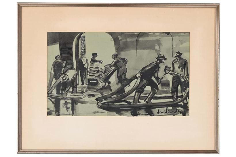 Inline Image - Lot 172: Len Lindeque (South African b. 1936), 'Men at Work', Ink on blue paper | Est. £50-80 (+ fees)