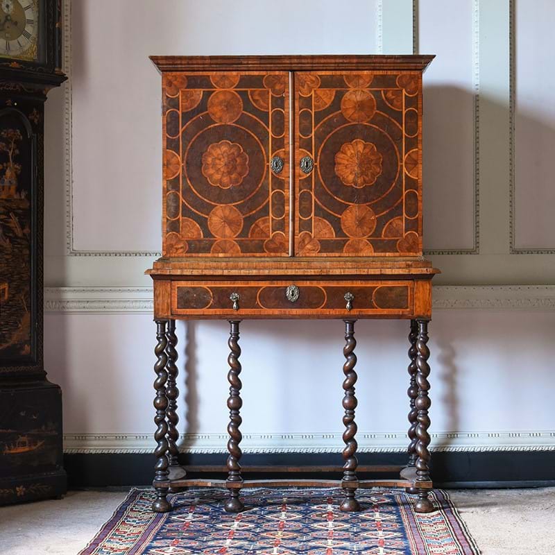 Y A William & Mary rosewood, kingwood and olivewood oyster veneered cabinet on stand circa 1690